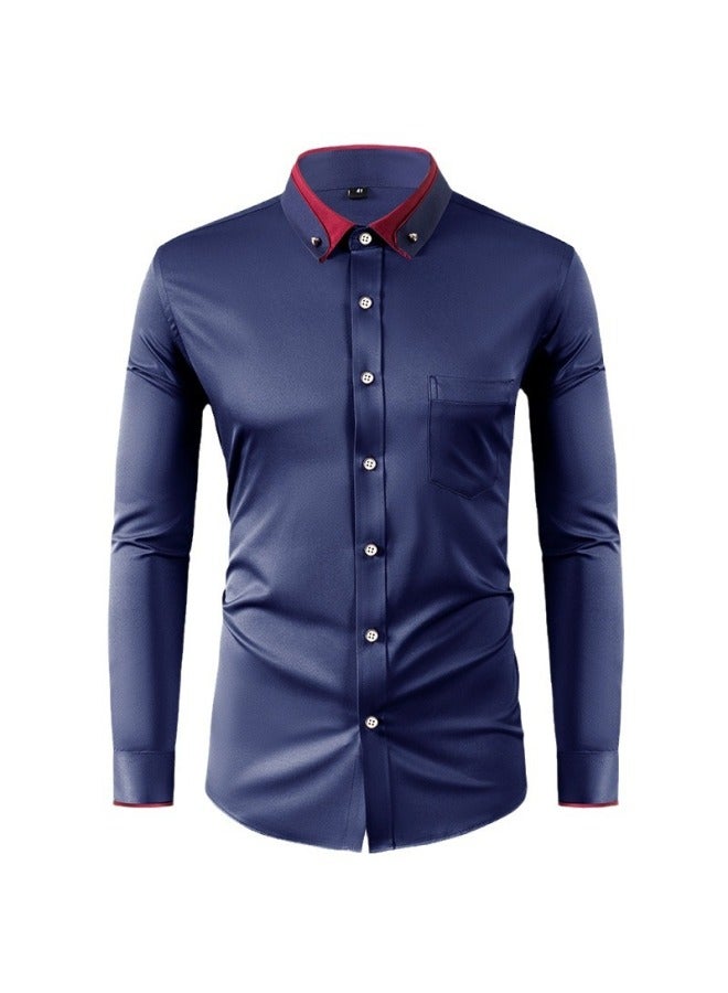 Four-way Stretch Shirt For Men, Color-blocked Diamond Button Lapel Shirt, Business Casual, No-iron Formal Wear - Image 5