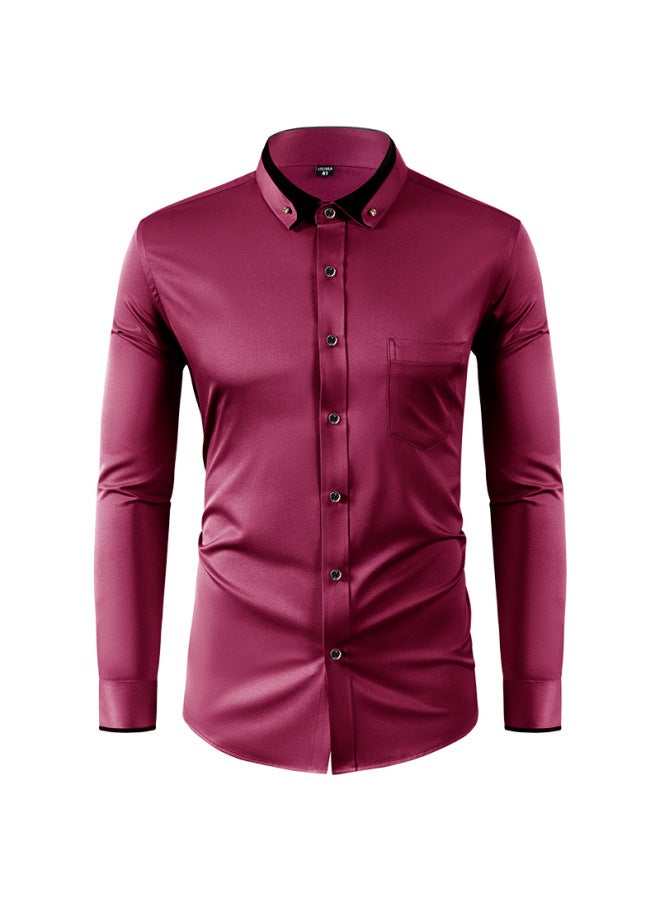 Four-way Stretch Shirt For Men, Color-blocked Diamond Button Lapel Shirt, Business Casual, No-iron Formal Wear - Image 1