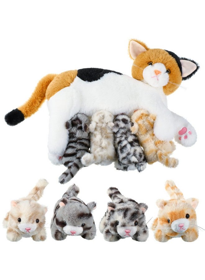 Skylety Nurturing Cat Stuffed Animal with 4 Plush Kittens, Cat Baby Stuffed for Girls and Boys Plushy Mommy Kitty with Baby Kittens for Birthday Party Favors Gifts(Lovely Style) - Image 1