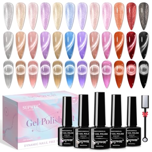 SUPWEE Magnetic Cat Eye Nail Polish Set, 12 Colors, 9D Cateye Nail Polish, Holographic Glitter, Magnetic Gel Polish, Soak Off Lamp, Gel Nail Art Manicure Kit - Image 1