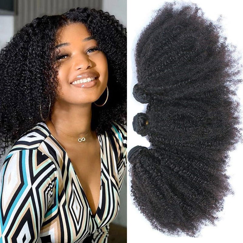 feibin Mongolian Afro Kinky Curly Bundles Human Hair Bundles 14 16 18 Inches 4B 4C Afro Kinky Bulk Human Hair Virgin Hair Burmese Curly Weave Bundles for Black Women Weft Natural Black Color - Image 1