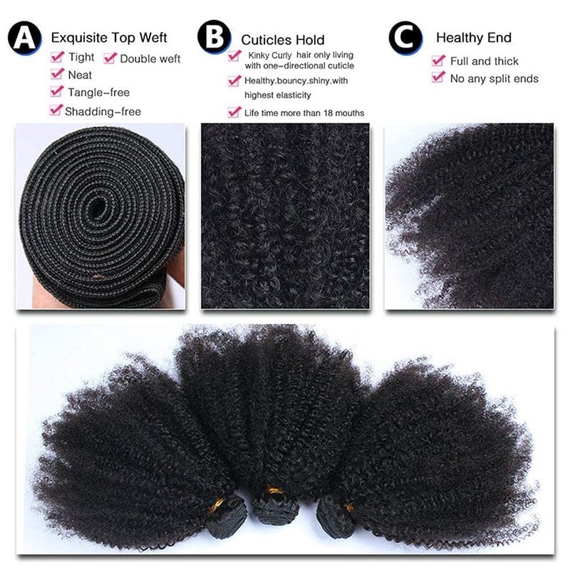 feibin Mongolian Afro Kinky Curly Bundles Human Hair Bundles 14 16 18 Inches 4B 4C Afro Kinky Bulk Human Hair Virgin Hair Burmese Curly Weave Bundles for Black Women Weft Natural Black Color - Image 2