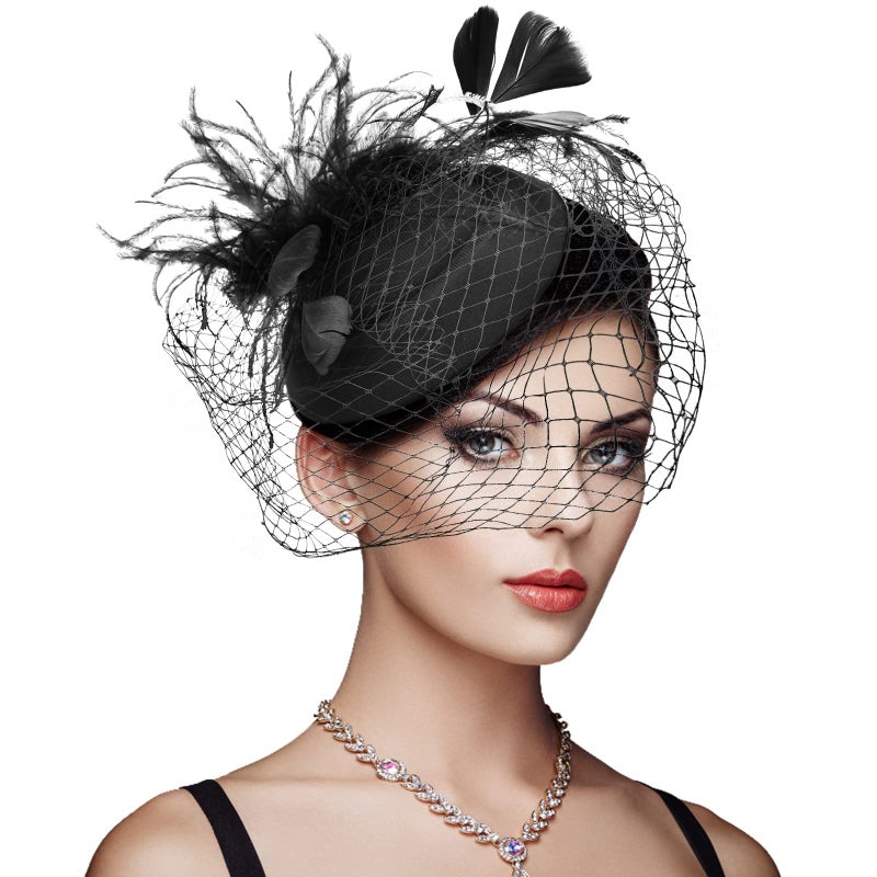 DRESHOW Fascinator Hats Cocktail Tea Party Bow Hat Netted Pillbox Hat with Hair Clip and Headband for Women and Girls - Image 1