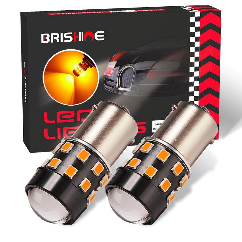 مصابيح LED BRISHINE فائقة السطوع 1156 7506 BA15S 1073 1141P21W باللون الأصفر الكهرماني 930V غير قطبي 24 شريحة LED SMD مع بروجيكتور لإشارات الانعطاف وأضواء العلامة الجانبية - عبوة من 2