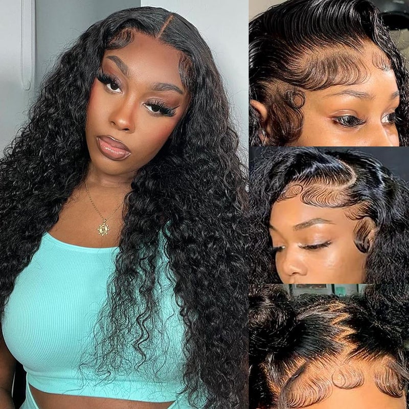 Juvid 13x6 Lace Front Wigs Human Hair HD Transparent Deep Wave Curly Human Hair Wig 180 Density Baby Hair Natural Black Glueless Wig 18inch Baby Hair Wet and Wavy for Black Women Pre Plucked Hairline