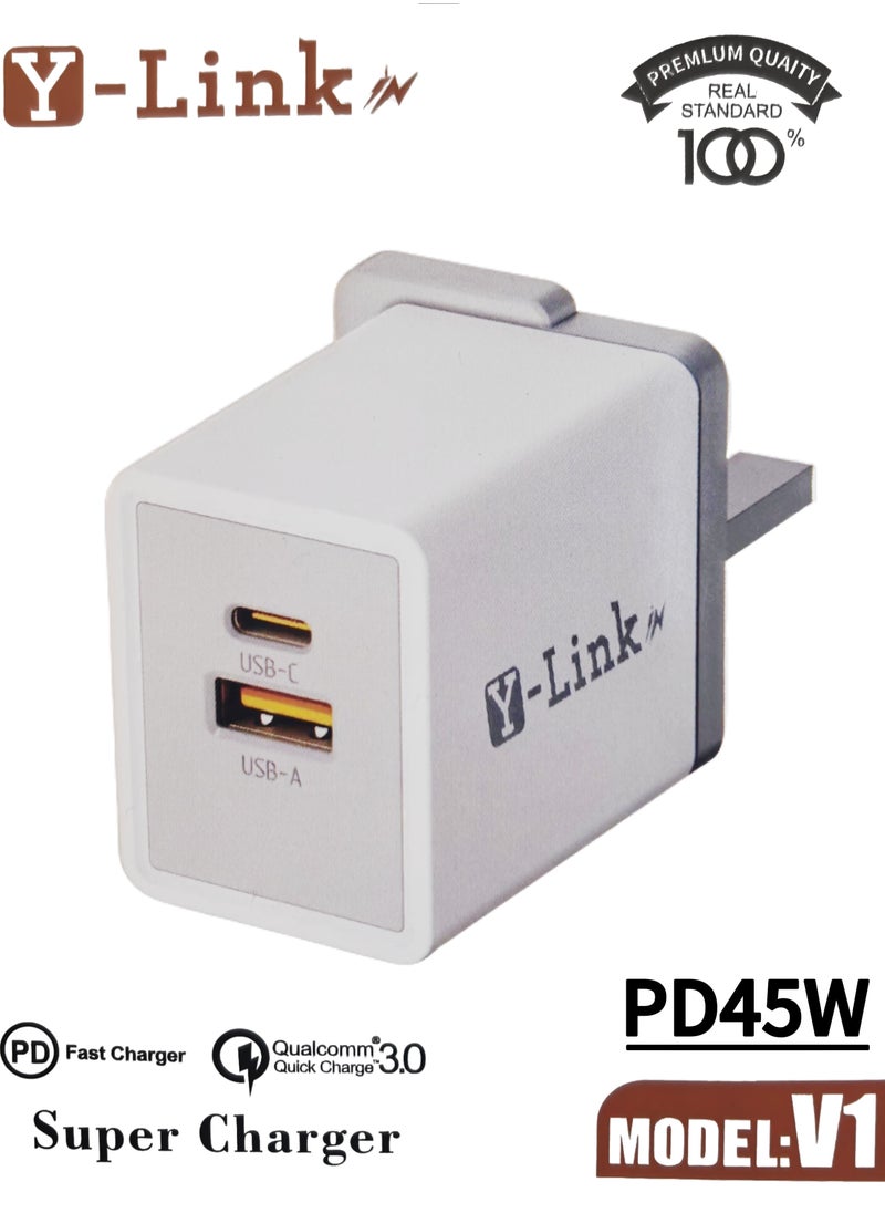 YLinkin - 45W Dual-Port Super Fast Charger with QC3.0 & PD45W | Type-C/USB-A | 50% Charge in 30 Mins | Flame Retardant & Temp Protection | White - Image 1