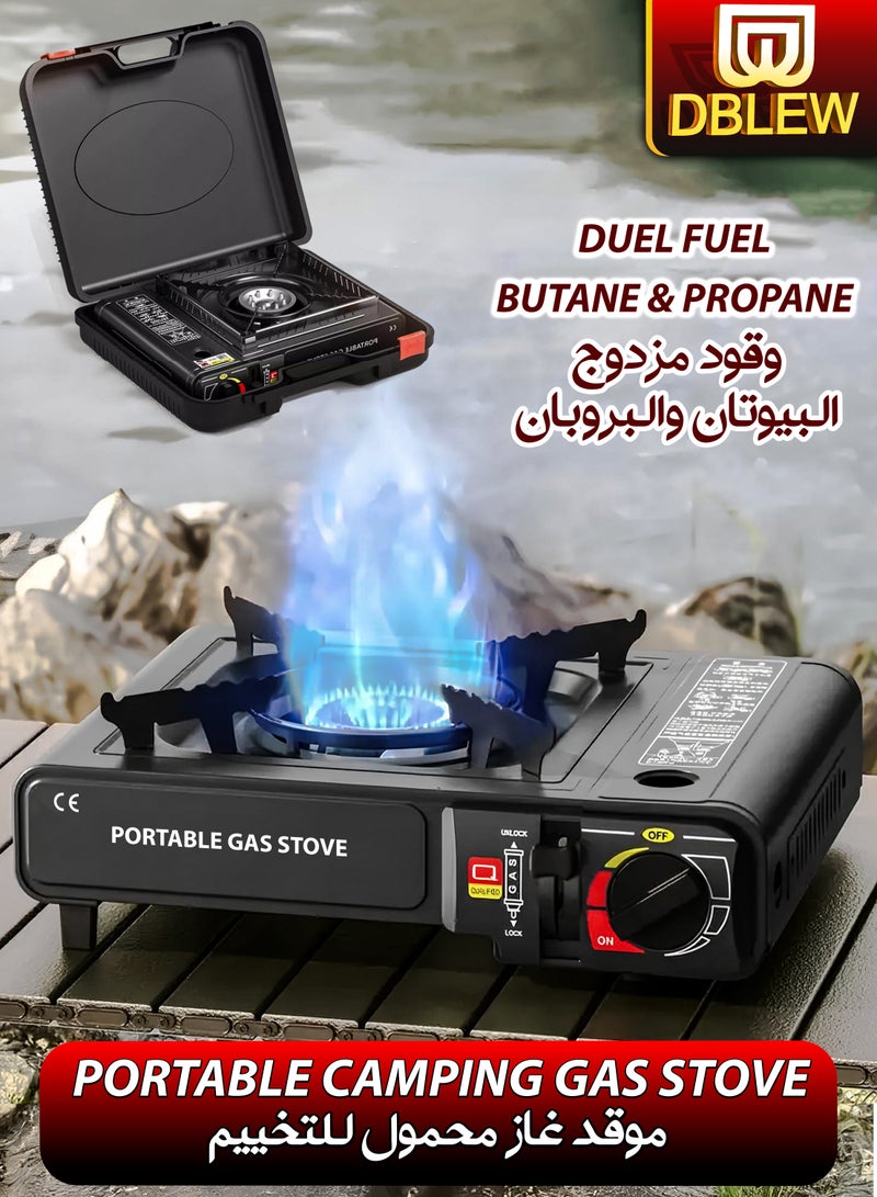 دي بلو موقد غاز محمول ثنائي الوقود بقوة عالية 15,000 وحدة حرارية بريطانية، موقد غاز فردي متوافق مع غاز البوتان والبروبان، مزود بإشعال تلقائي وقفل أمان. تصميم خفيف الوزن من الفولاذ المقاوم للصدأ مع حقيبة حمل. مناسب للاستخدام في المنزل، المطبخ، الفنادق، الطهي في الهواء الطلق، التخييم، المشي لمسافات طويلة، الشواء، والطهي في حالات الطوارئ. - Image 1