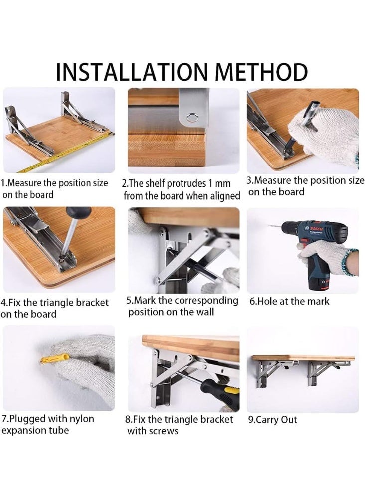Relex Folding Shelf Brackets, Heavy Duty Stainless Steel Collapsible Shelf Bracket for Bench Table, Space Saving DIY Bracket, Max Load: 550lb (Stainless Steel, 8 inch) - Image 5