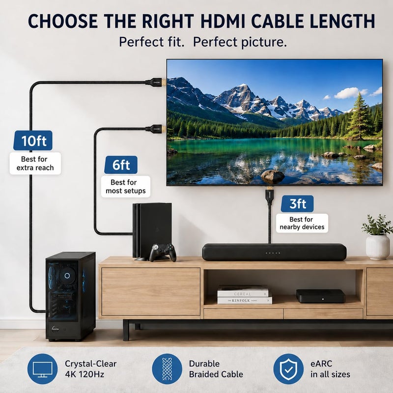 باكروبان كابل HDMI 2.1 بطول 10 قدم – يدعم 8K60 / 4K120، وeARC، كابل HDMI عالي السرعة مضفر للتلفزيون، وشريط الصوت، وPS5، وXbox (أسود فائق السرعة). - Image 3