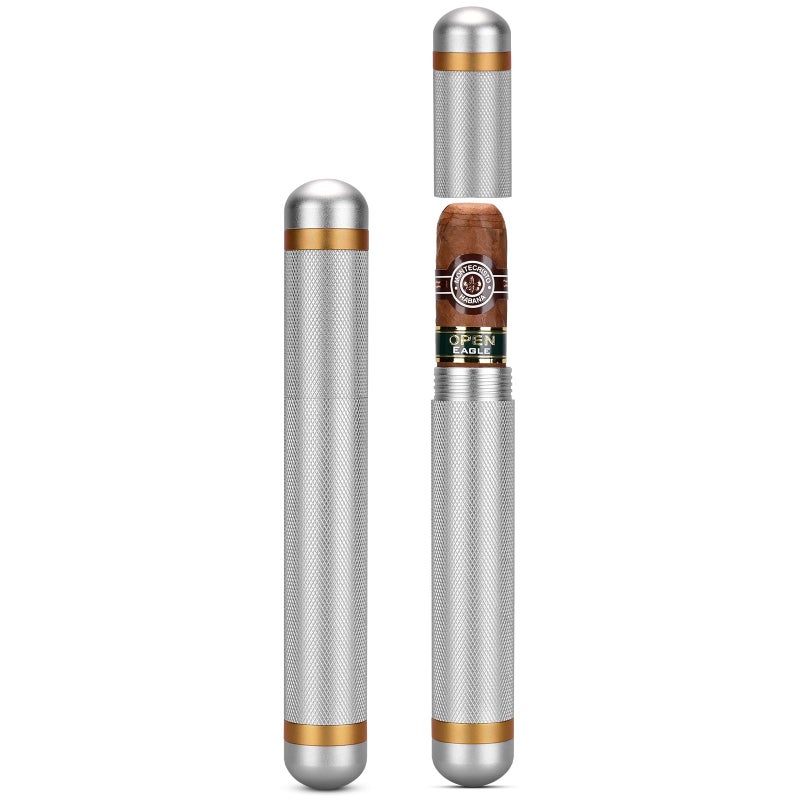 Aluminum Cigar Case Tube Portable Stainless Steel Elegant Travel Single Metal Cigar CaseTube Humidor Air Tight Smell Proof Cigar Holder Case Accessories for Business Travel Outwork 1PackSilver