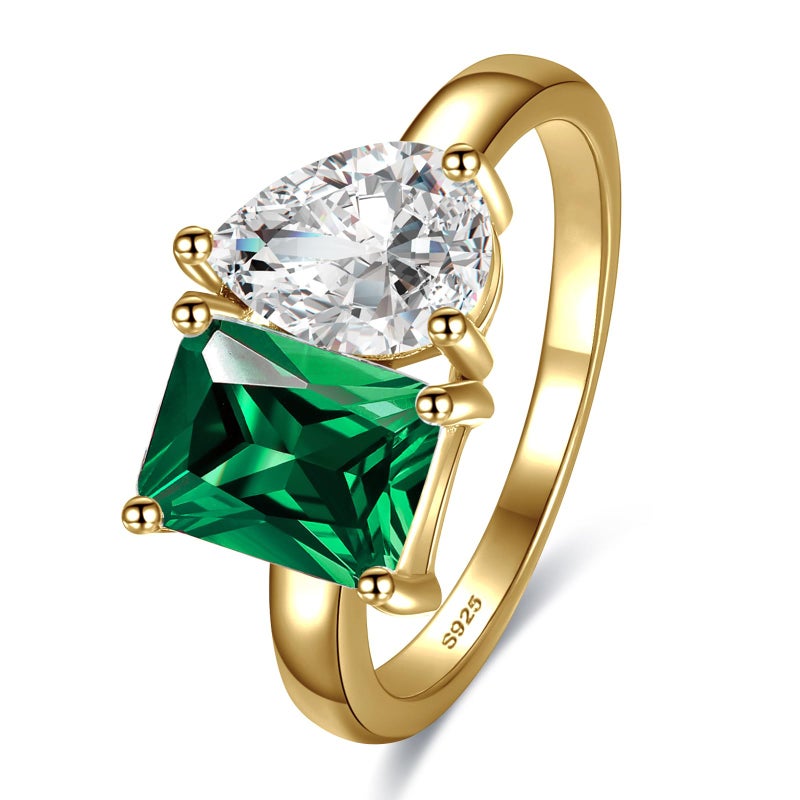 Yaresul Toi Et Moi Ring 925 Sterling Silver Women Emerald Engagement Ring 14K Gold Plated 1.5ct 6x8mm Double Stone Emerald & Pear Cut CZ Wedding Eternity Ring Width Band 2mm Size 5 - Image 1