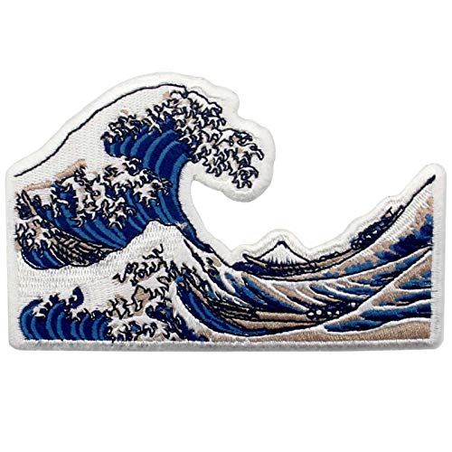 Rocking Planet Great Wave Off Kanagawa Patch Embroidered Biker Applique Iron On Sew On Emblem - Image 1