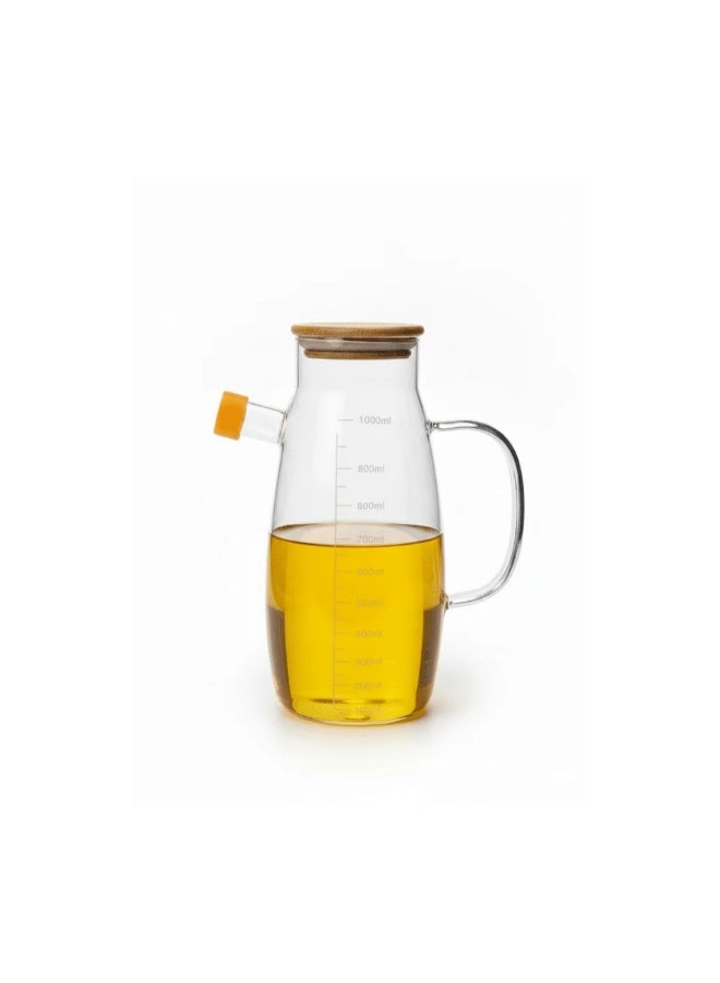 زجاجة زيت من الزجاج البوروسيليكات بسعة 1000 مل مع غطاء من الخيزران وفوهة سيليكون - Image 1