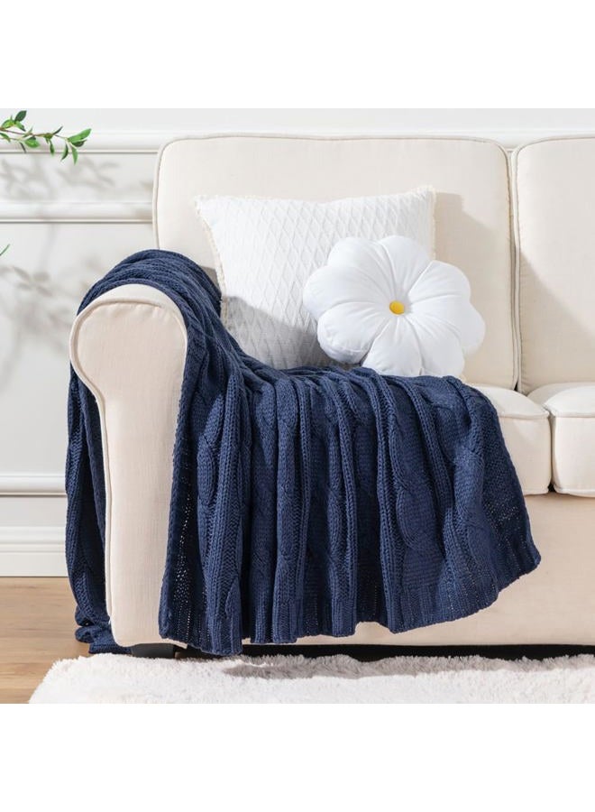 Battilo Btl15032-Navy Soft Knitted Dual Cable Throw Blanket, Navy - Image 3