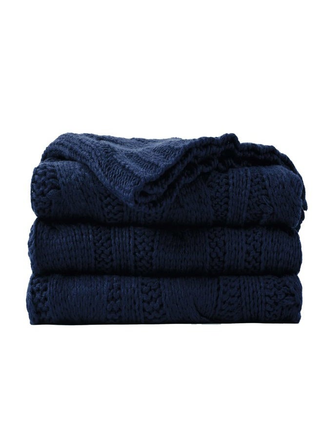 Battilo Btl15032-Navy Soft Knitted Dual Cable Throw Blanket, Navy - Image 1