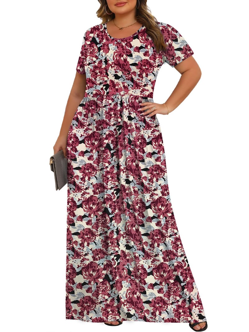 Tencede Womens Plus Size Maxi Dresses Summer 2026 Casual Short Sleeve with Pockets Long Dress Retro Flower 3X - Image 2