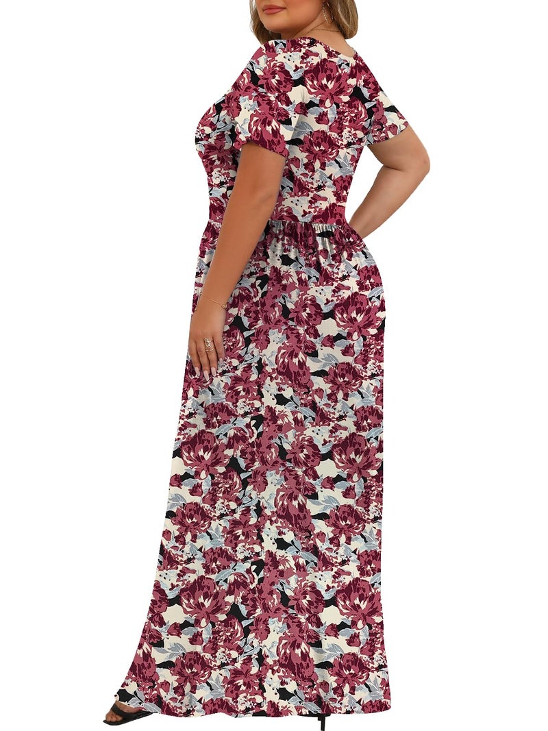 Tencede Womens Plus Size Maxi Dresses Summer 2026 Casual Short Sleeve with Pockets Long Dress Retro Flower 3X - Image 4