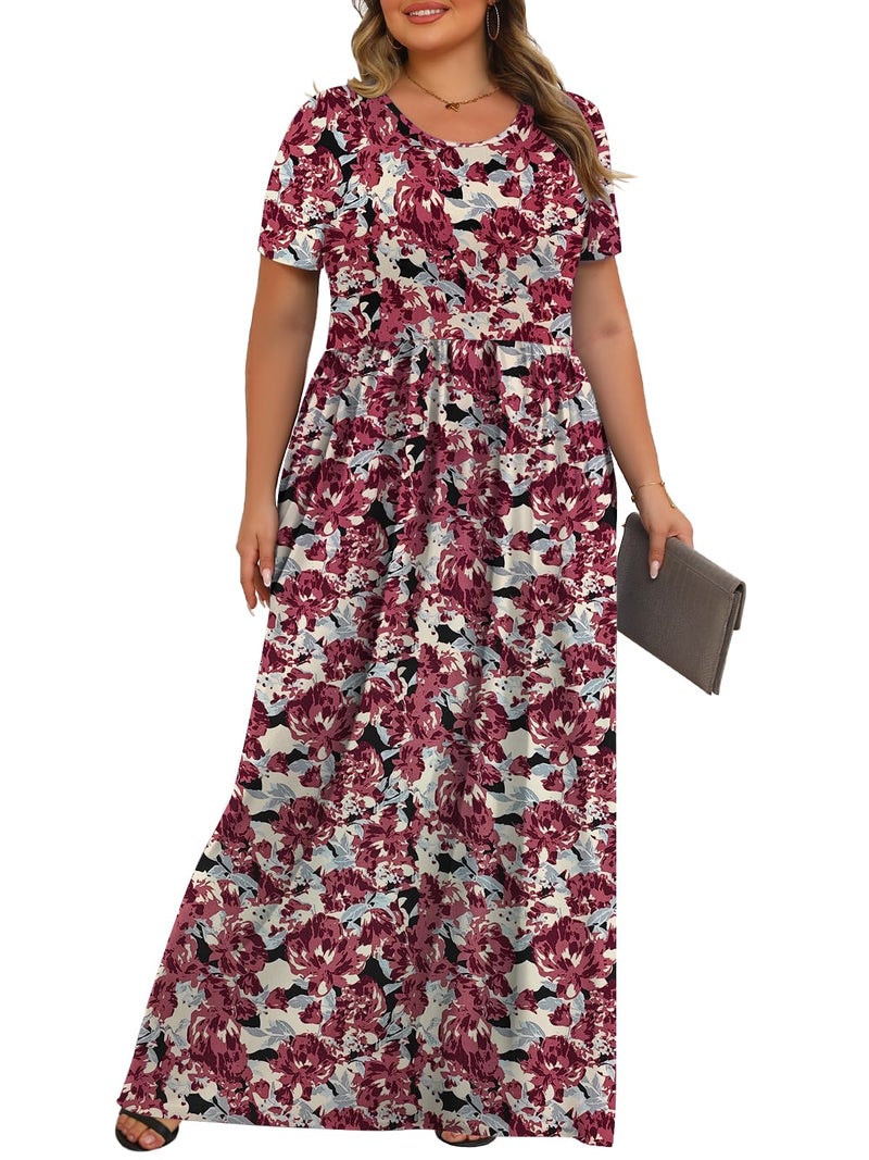 Tencede Womens Plus Size Maxi Dresses Summer 2026 Casual Short Sleeve with Pockets Long Dress Retro Flower 3X - Image 3
