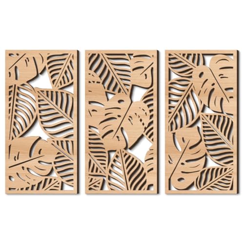 Jocaluyia 3 Pcs Tropical Leaf Wood Wall Art Decor Wooden Palm Leaves Wall Hanging Decor 3D Hollow Carved Craft Art Set Boho Abstract Wall Sculptures Panels Decoration for Home Living Room Bedroom Kitchen A - Image 1