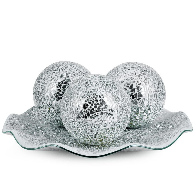 Centerpiece Bowl and Balls Set Mosaic Tray with 3 Pieces Spheres 12 Decorative Plate with 4 Mosaic Orbs for Home Decor Gift Silver