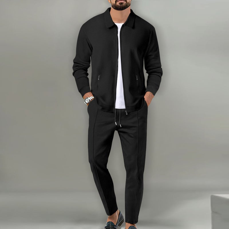 طقم بدلة رياضية رجالي كاجوال مع جيوب بسحاب وياقة مطوية - Image 2