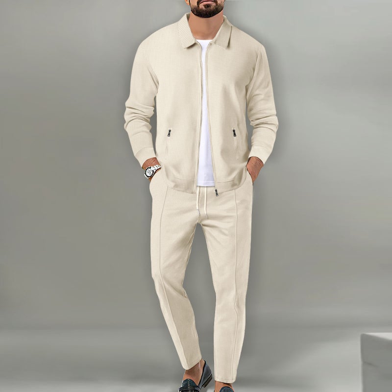 طقم بدلة رياضية رجالي كاجوال مع جيوب بسحاب وياقة مطوية - Image 1