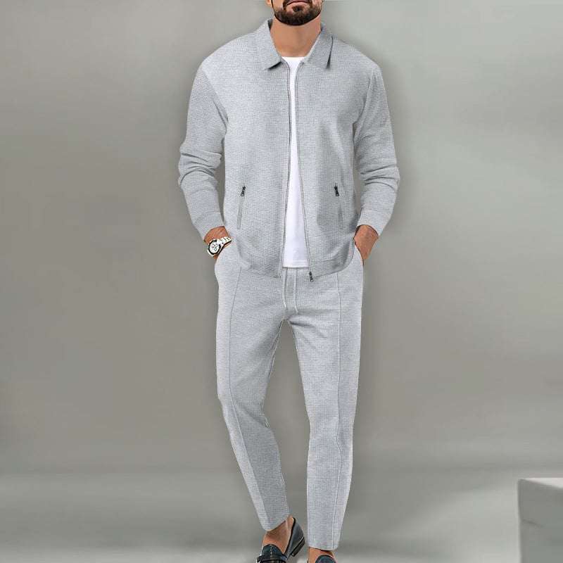 طقم بدلة رياضية رجالي كاجوال مع جيوب بسحاب وياقة مطوية - Image 3