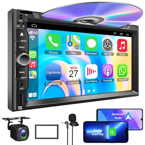 Adapter-Universe Double Din car Stereo with CD/DVD Player- CarPlay & Android Auto, Car Audio with Bluetooth, 7 Inch HD Touchscreen, Rear Camera, USB/TF/AUX, Subwoofer, AM/FM Radio Receiver - Image 1