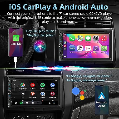 Adapter-Universe Double Din car Stereo with CD/DVD Player- CarPlay & Android Auto, Car Audio with Bluetooth, 7 Inch HD Touchscreen, Rear Camera, USB/TF/AUX, Subwoofer, AM/FM Radio Receiver - Image 2