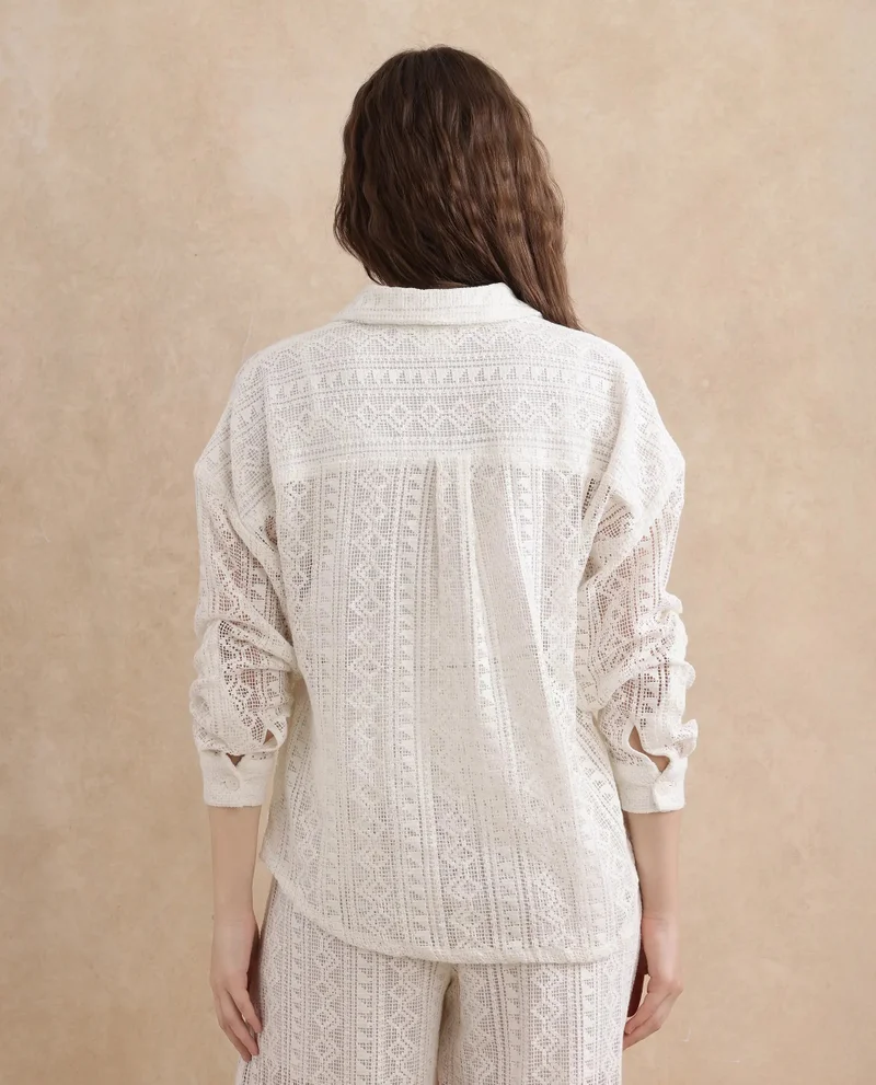 Rareism Rareism Women Jancodam-T White 100% Cotton Fabric Cuffed Sleeve V-Neck Relaxed Fit Plain Shirt