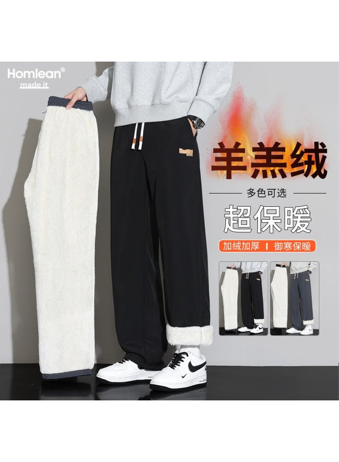 Homlean Men's Lamb Fleece Straight Casual Pants Winter Fleece Warm Loose Wide-leg Sports Sweatpants Hz65 Black 2XL - Image 1