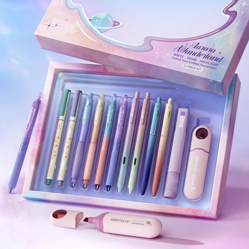 WRITECH أقلام جل للتظليل من WRITECH: مجموعة أقلام أورورا وندرلاند، أقلام حبر أسود، أقلام تظليل بألوان الباستيل، أقلام فرشاة، كتابة سلسة ورسم بدون نزيف، هدية للطلاب والأصدقاء والعائلة. - Image 1