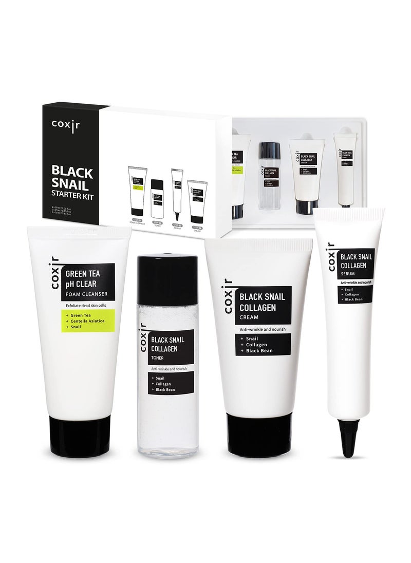 coxir coxir BLACK SNAIL COLLAGEN STARTER KIT l Repairing&Firming | Black-3-Complex: Black Rice, Bean, Sesame, Snail Mucin, Collagen FOAM CLEANSER+TONER+SERUM+CREAM [3.19 fl.oz (Pack of 1)] 