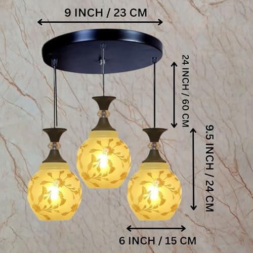 GreyWings Triple Glass Hanging Light Cluster for Living Room, 3 Pendant Ceiling Lamp, White Floral Glass Shade, E27 Holder, Indoor Decorative Light Fixture, - Image 3