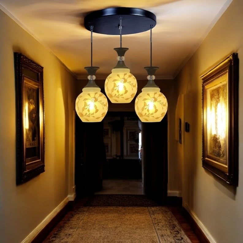 GreyWings Triple Glass Hanging Light Cluster for Living Room, 3 Pendant Ceiling Lamp, White Floral Glass Shade, E27 Holder, Indoor Decorative Light Fixture, - Image 4