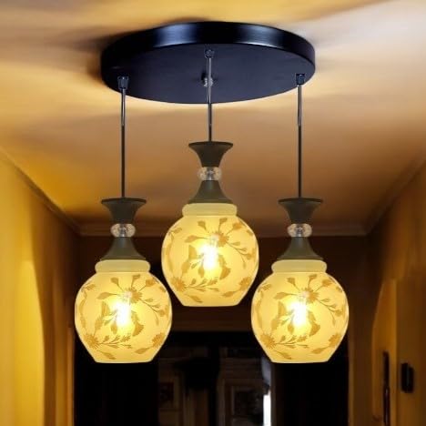 GreyWings Triple Glass Hanging Light Cluster for Living Room, 3 Pendant Ceiling Lamp, White Floral Glass Shade, E27 Holder, Indoor Decorative Light Fixture, - Image 1