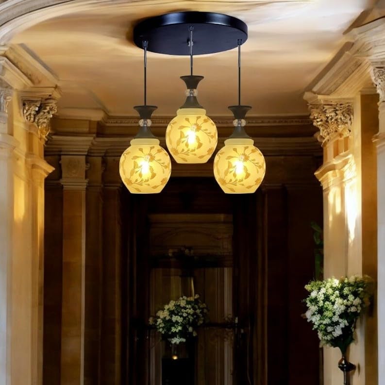 GreyWings Triple Glass Hanging Light Cluster for Living Room, 3 Pendant Ceiling Lamp, White Floral Glass Shade, E27 Holder, Indoor Decorative Light Fixture, - Image 2