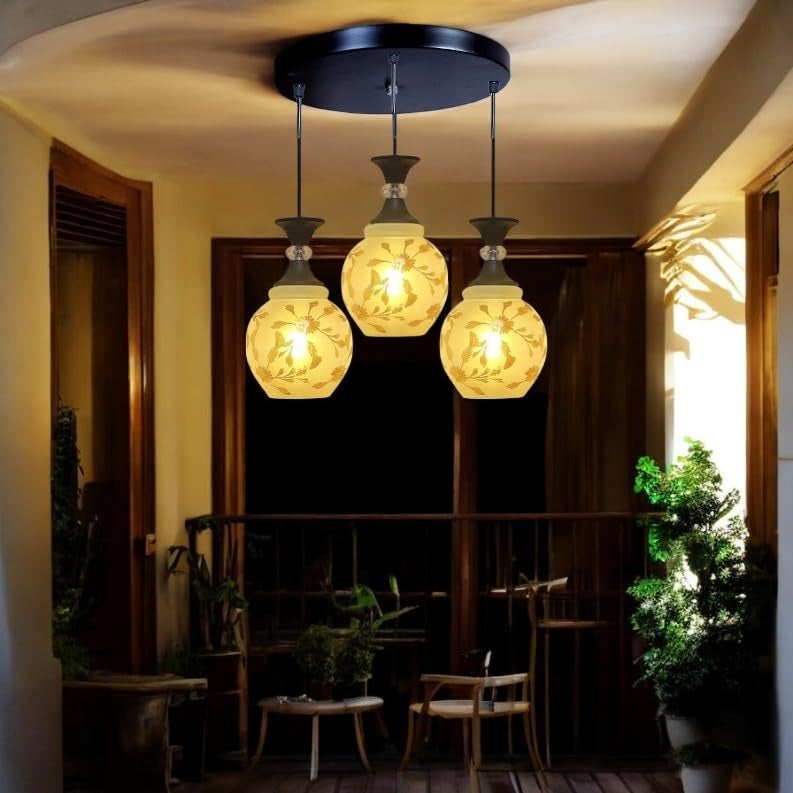 GreyWings Triple Glass Hanging Light Cluster for Living Room, 3 Pendant Ceiling Lamp, White Floral Glass Shade, E27 Holder, Indoor Decorative Light Fixture, - Image 5