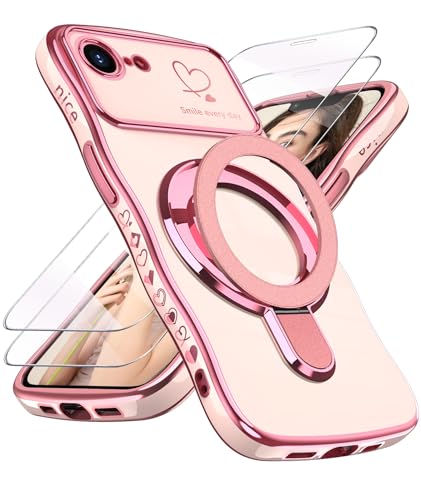 Liufcx for iPhone 17e/16e Case with Screen Protector: Luxury Plated Gold Cute Wavy Edge Love Heart Pattern Kickstand Case, Slim Soft TPU Woman Girls Protection Cover for iPhone 16e/17e (Pink) - Image 1