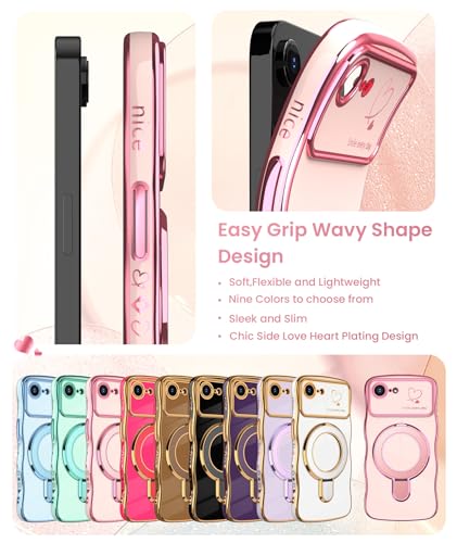 Liufcx for iPhone 17e/16e Case with Screen Protector: Luxury Plated Gold Cute Wavy Edge Love Heart Pattern Kickstand Case, Slim Soft TPU Woman Girls Protection Cover for iPhone 16e/17e (Pink) - Image 5
