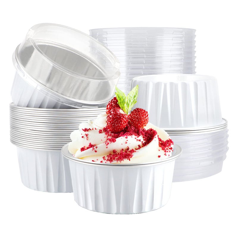 EUSOAR Ramekin Baking Cups 30pcs 5oz Aluminum Foil Muffin Liners Cupcake Baking Cup with Lids Mini Pie Pans with Lids Disposable Foil Baking Cups Containers for Creme Brulee or CupcakeWhite