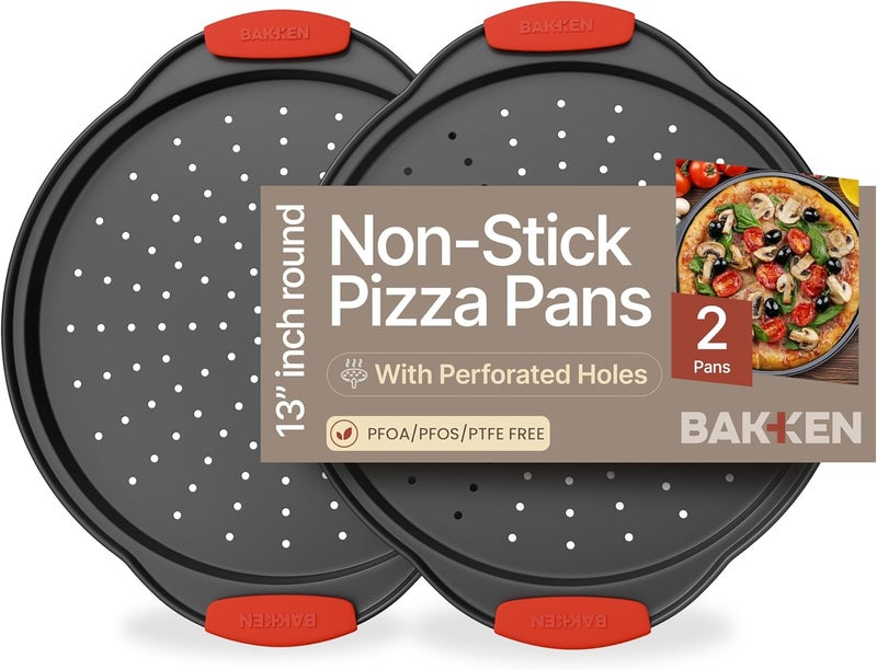BAKKENMASTER Bakken- Swiss Pizza Tray – 2 Round with Silicone Handles – Carbon Steel Pizza Pan with Holes and Non-Stick Coating – PFOA PFOS and PTFE Free by - Image 1