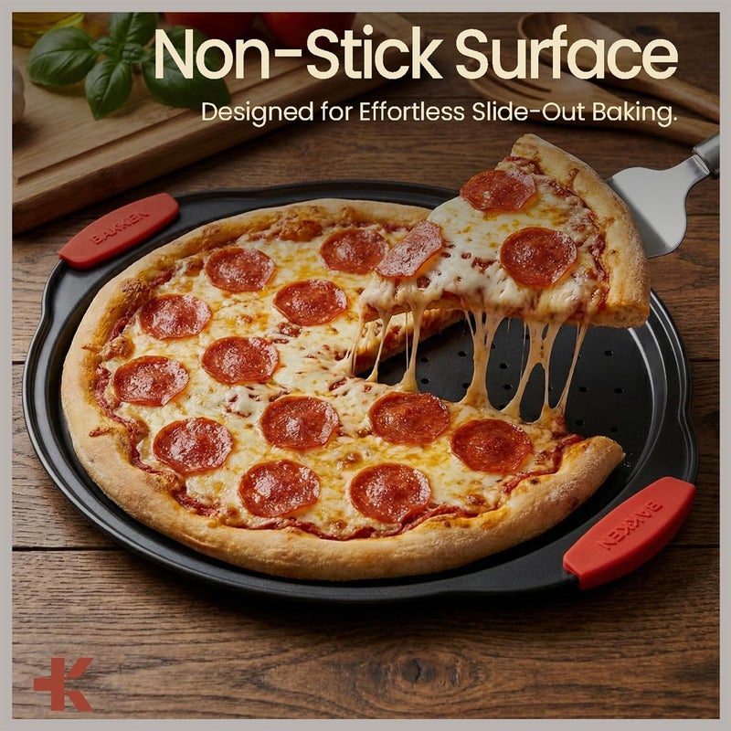 BAKKENMASTER Bakken- Swiss Pizza Tray – 2 Round with Silicone Handles – Carbon Steel Pizza Pan with Holes and Non-Stick Coating – PFOA PFOS and PTFE Free by - Image 3