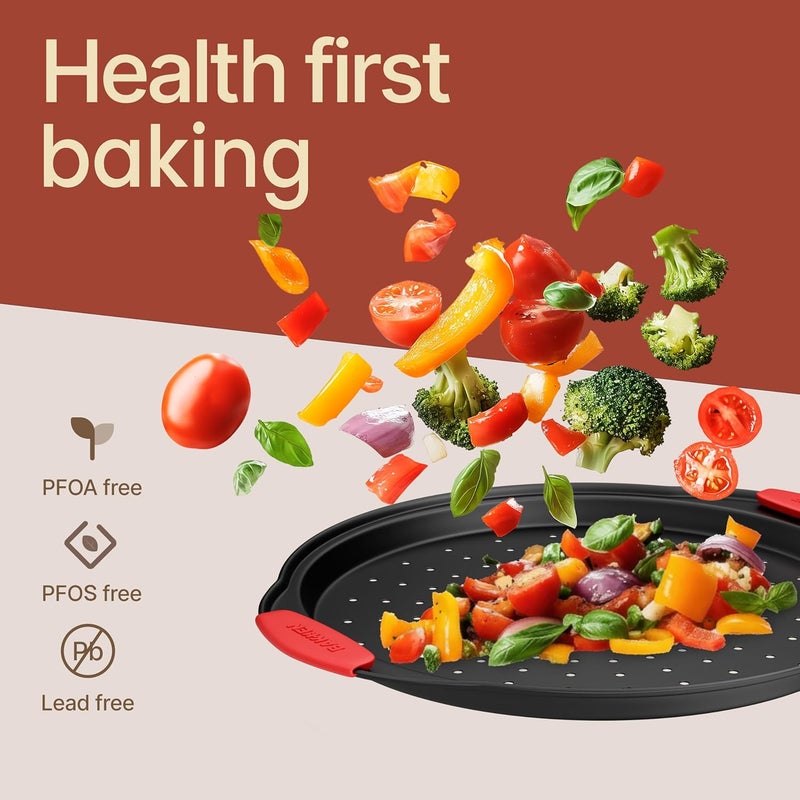 BAKKENMASTER Bakken- Swiss Pizza Tray – 2 Round with Silicone Handles – Carbon Steel Pizza Pan with Holes and Non-Stick Coating – PFOA PFOS and PTFE Free by - Image 5