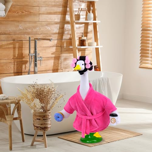 Ueyben Lady Porch Goose Outfits, Spring Goose Clothes Summer Geese Costume Pajamas with Bathrobe Coffee Cup Donuts Waistband Curler for 17''/23" Lawn Cement Plastic Geese for Garden Yard Decoration - Image 5