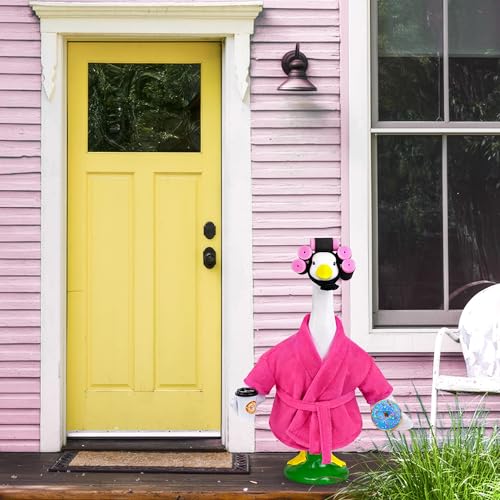 Ueyben Lady Porch Goose Outfits, Spring Goose Clothes Summer Geese Costume Pajamas with Bathrobe Coffee Cup Donuts Waistband Curler for 17''/23" Lawn Cement Plastic Geese for Garden Yard Decoration - Image 2