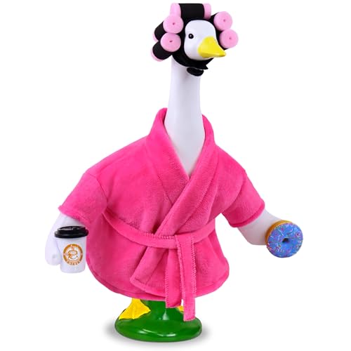 Ueyben Lady Porch Goose Outfits, Spring Goose Clothes Summer Geese Costume Pajamas with Bathrobe Coffee Cup Donuts Waistband Curler for 17''/23" Lawn Cement Plastic Geese for Garden Yard Decoration - Image 1