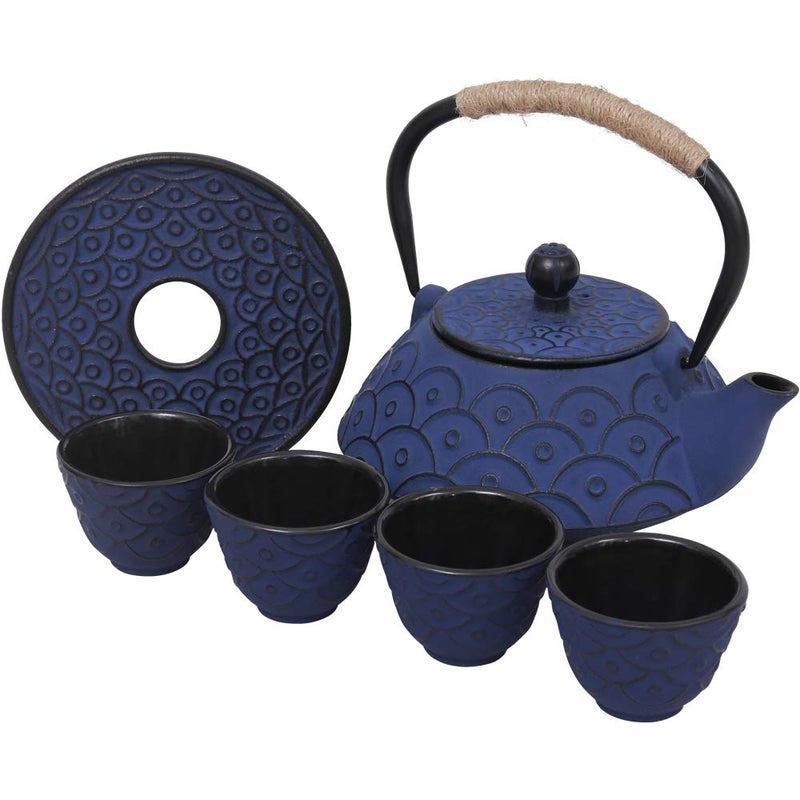 COOGOU Japanese Style Cast Iron Teapot Set with 4 Tea Cups Iron Tea Kettle with Infuser Hemp Rope Trivet Asian Gift for Adults Parents Fish Scale Pattern BlueAnti Rust