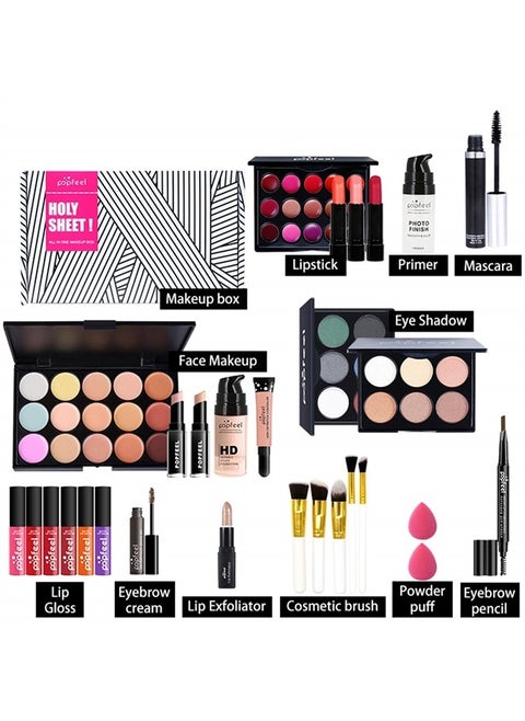 All-in-one Makeup Set Holiday Gift | Full Makeup Kit for Women Essential Starter Bundle Include Eyeshadow Palette Lipstick Blush Cream Concealer Face Powder Eyeliner Mascara Lipgloss Brush