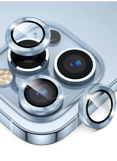 iPhone 13 Pro 3 Pcs Camera Lens Protector With 9H Tempered HD Glass Camera Cover Anti Scratch Aluminum Alloy Camera Ring, Blue
